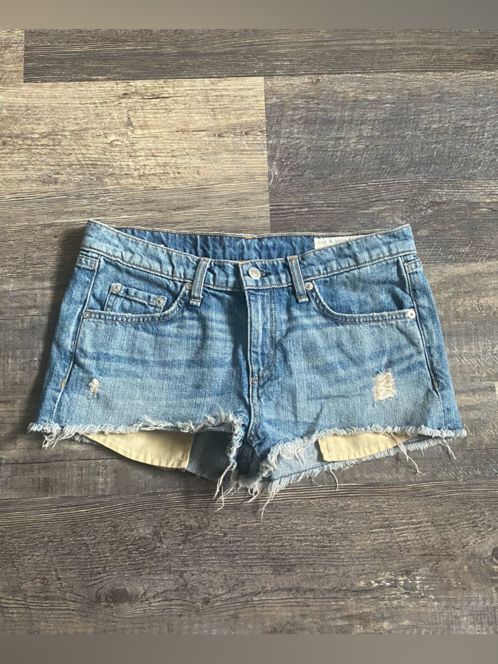 Rag & Bone blue denim low rise distressed mini shorts 27